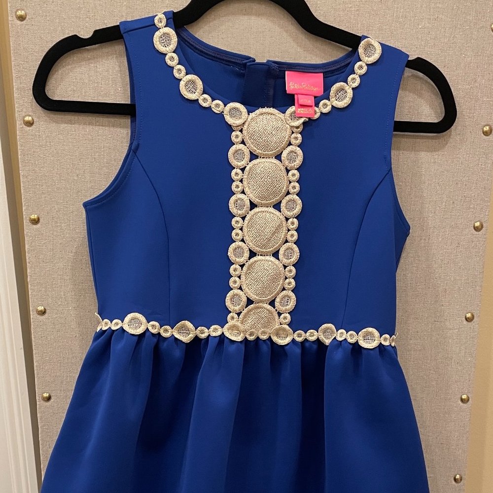 Lilly Pulitzer Girls XL (12-14) Royal Blue & Gold Satin Dress
